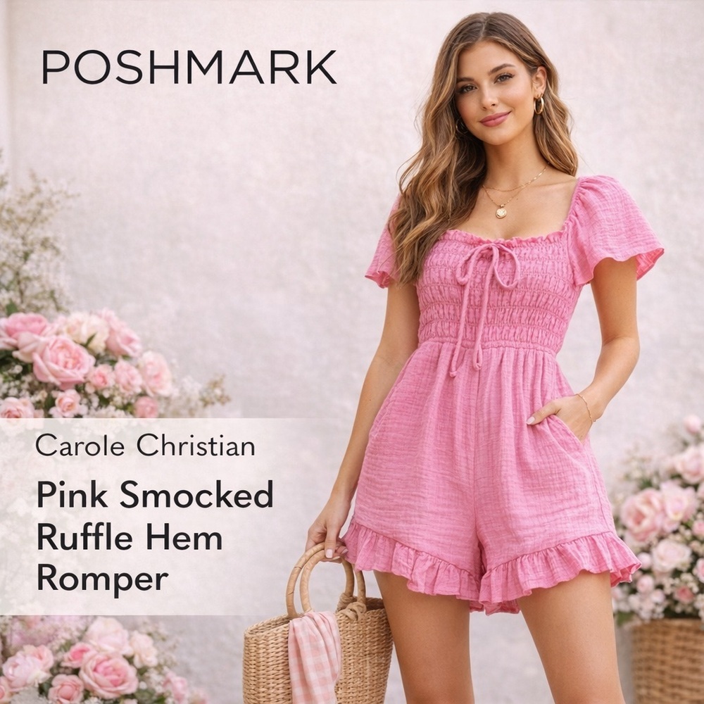 Carole Christian Romper Pink Smocked Ruffle Flutter Sleeve Size Small NWT